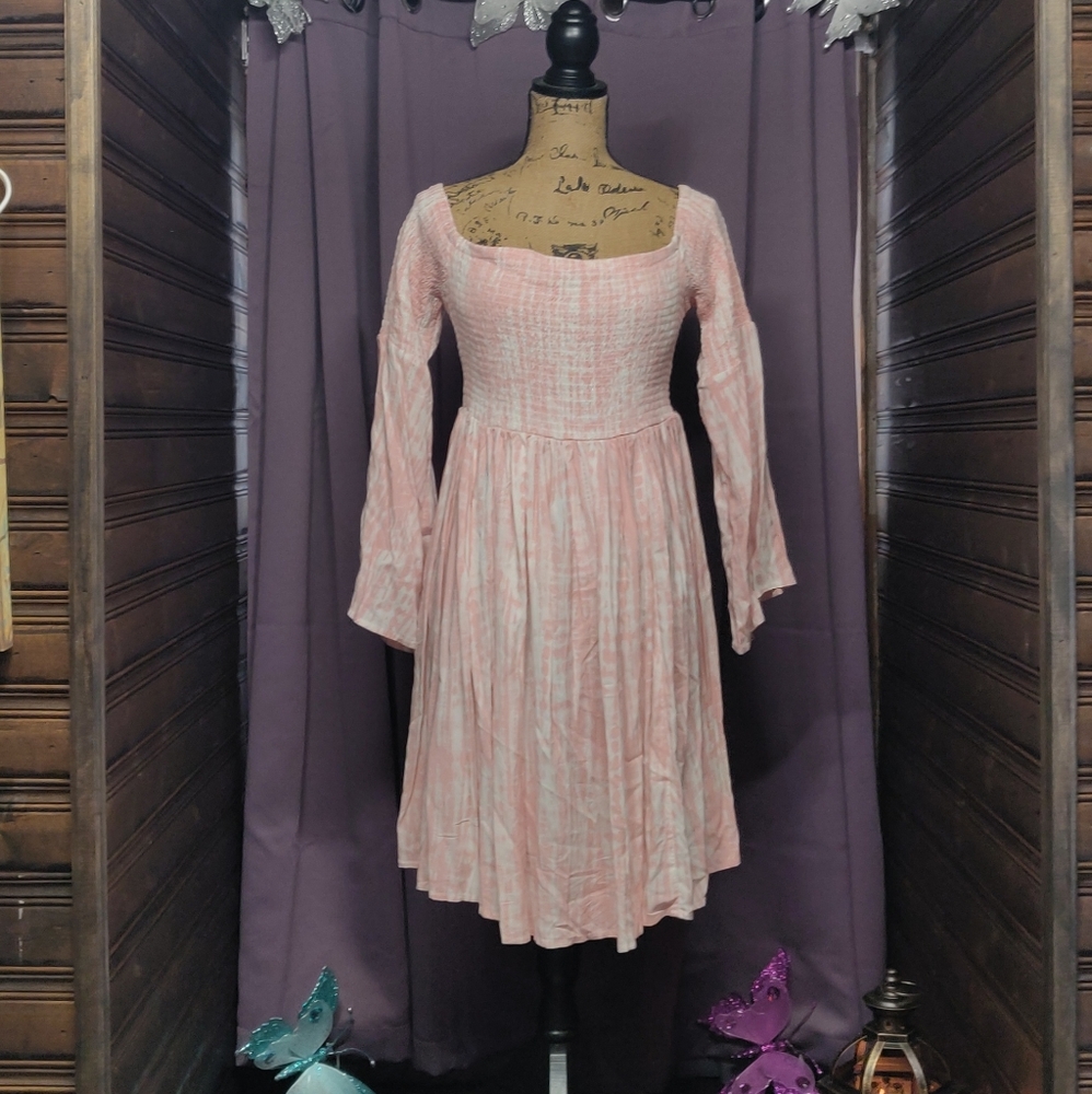 Pink tie dye print challis smocked dress